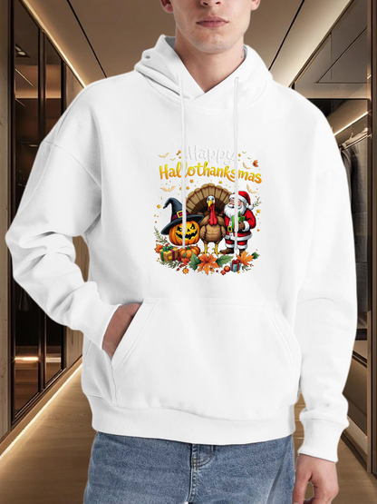 Men's Graphic Hoodie Happy Thanksgiving Harvest Abundance Among Pumpkins And Turkey Cornucopia