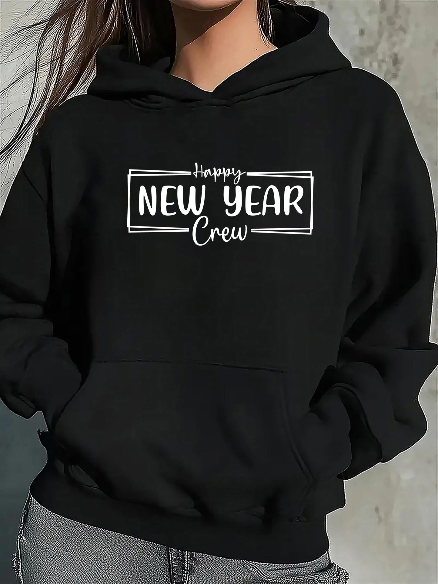Women's Graphic Hoodie Happy New Year Crew White Festive Lettering On Classic Cotton Hoodie