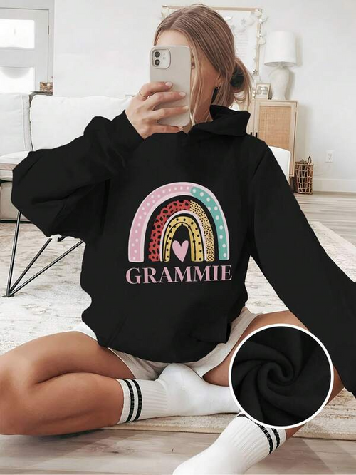 Women's Graphic Hoodie Grammie Playful Pastel Arched Rainbow With Subtle Hearts Motif Sweatshirt
