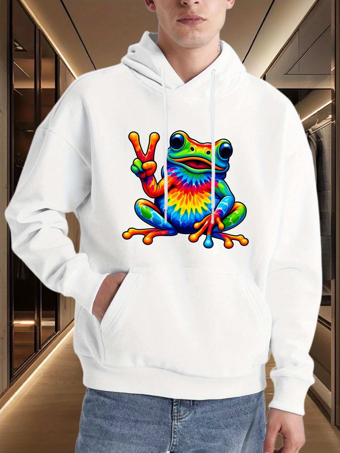 Men's Graphic Hoodie Vivid Rainbow Patterns Peace Gesture On Colorful Frog