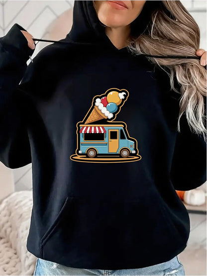 Women's Graphic Hoodie Playful Blue Truck With Giant Ice Cream Cone Graphic