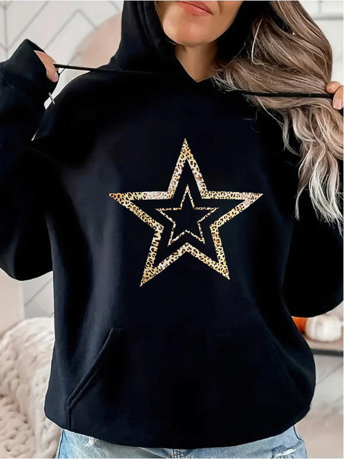 Women's Graphic Hoodie Golden Outline Dazzling Black Star Pattern Hoodie