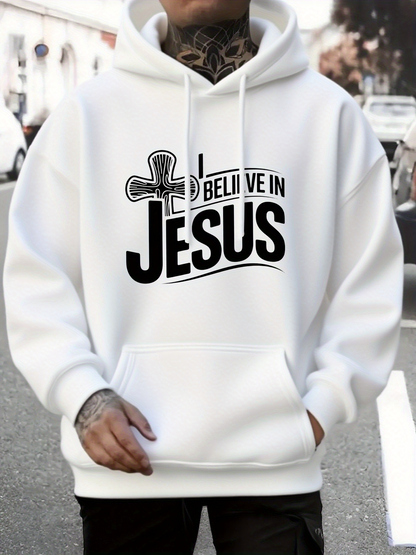 Men's Graphic Hoodie I Believe In Jesus With Bold Typography And Artistic Cross Under Daylight Hoodie