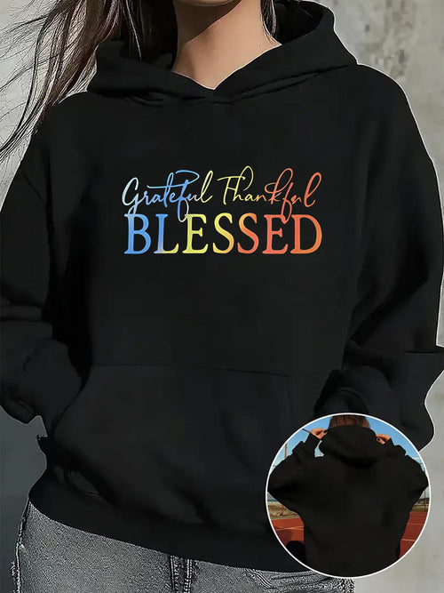 Women's Graphic Hoodie Grateful Thankful Blessed Vibrant Rainbow Gradient Lettering Under Bold Sunlight Hoodie
