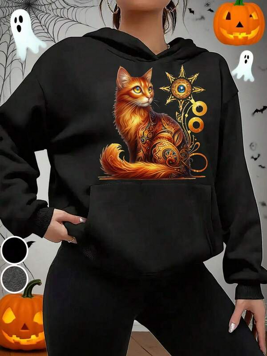 Women's Graphic Hoodie Golden Autumn Leaves And Star Ornaments With Sitting Regal Cat