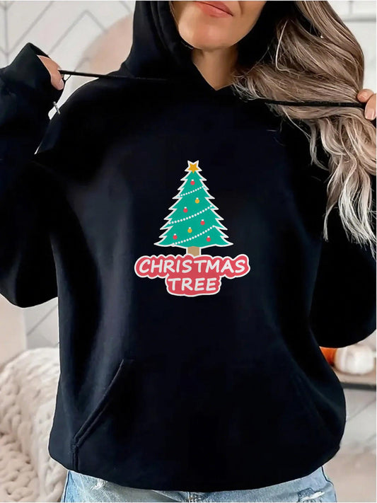 Women's Graphic Hoodie Christmas Tree Decorated With Golden Stars Festive Green Pine Tree