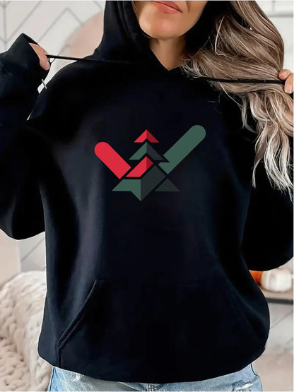 Women's Graphic Hoodie Geometric Abstract Shapes In Red And Green On Black Hoodie