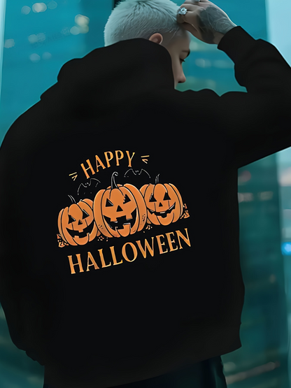 Men's Graphic Hoodie Happy Halloween Grinning Pumpkins With Leaves And Twisted Vines Under Night