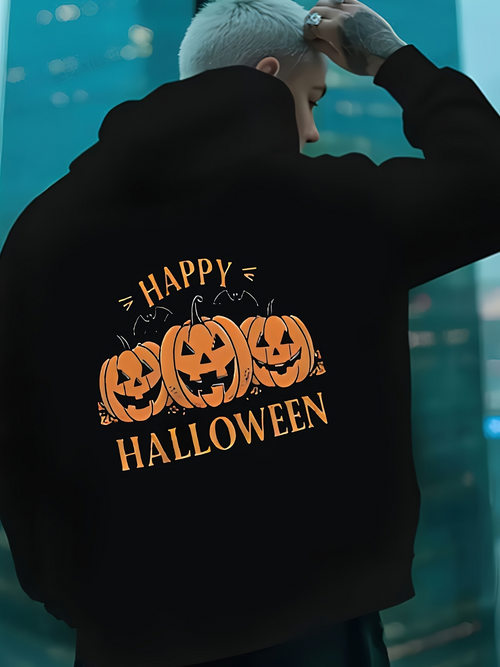 Men's Graphic Hoodie Happy Halloween Grinning Pumpkins With Leaves And Twisted Vines Under Night