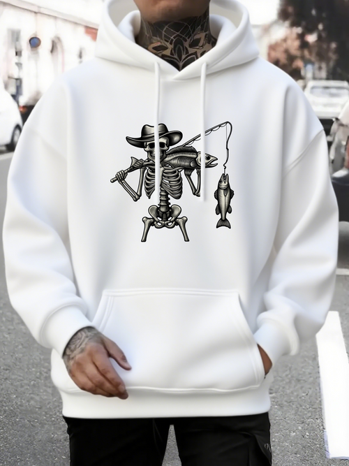 Men's Graphic Hoodie Cowboy Skeleton With Hat Holding Caught River Fish