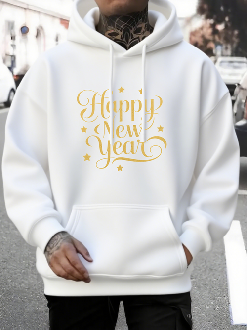 Men's Graphic Hoodie Happy New Year Decorative Lettering With Gold Sparkles And Swirl Star Accents Hoodie