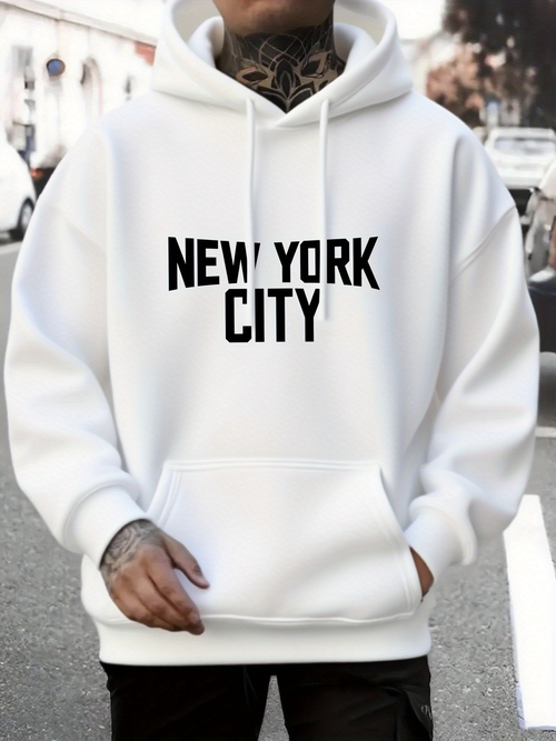 Men's Graphic Hoodie New York City Bold Black Lettering Centered Among Minimalist White Hoodie