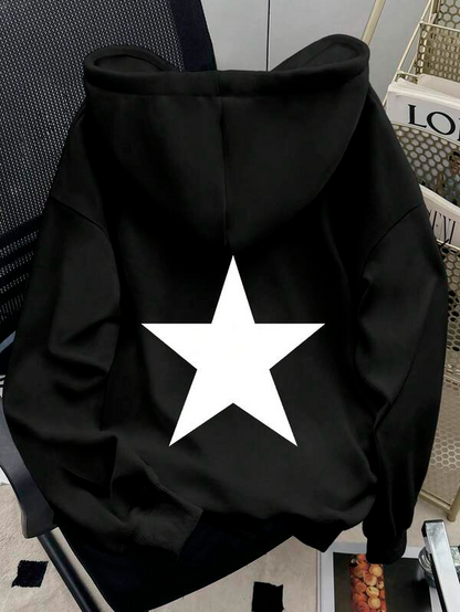 Women's Graphic Hoodie Minimalist Bold Contrast Centered Star Motif On Hooded Black Sweatshirt Star