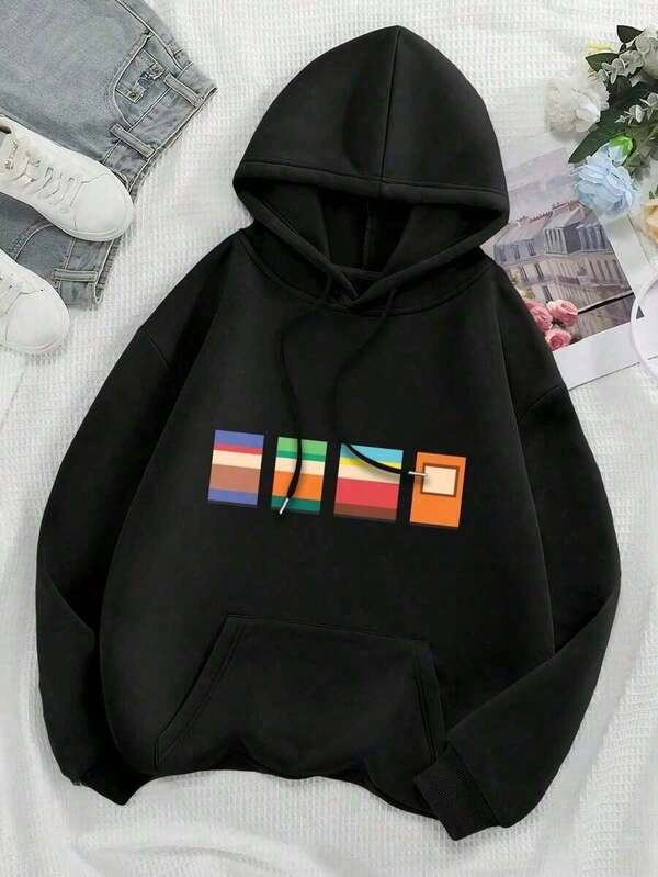Women's Graphic Hoodie Colorful Abstract Stripes With Geometric Overlapping Rectangle Shapes Hoodie