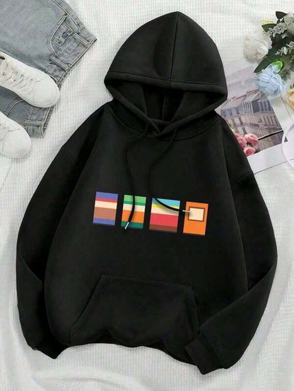 Women's Graphic Hoodie Colorful Abstract Stripes With Geometric Overlapping Rectangle Shapes Hoodie