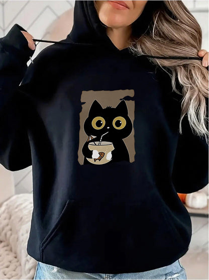 Women's Graphic Hoodie Big Eyed Black Cat With Coffee Cup Under Light