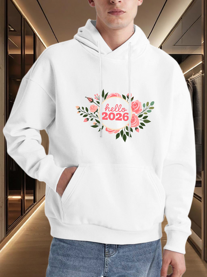 Men's Graphic Hoodie Hello 2026 Floral Wreath With Pink Blossoms Surrounding Green Leaves Hoodie