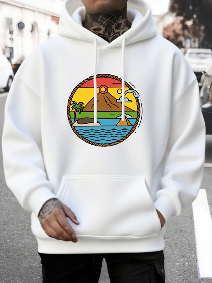 Men's Graphic Hoodie Colorful Sunset Horizon With Palm Trees Surfboard Ocean Waves And Mountains