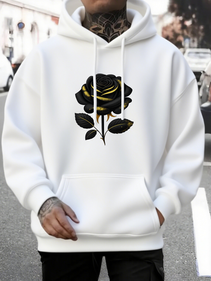 Men's Graphic Hoodie Golden Accented Black Rose Bold Design Under City Light Rose