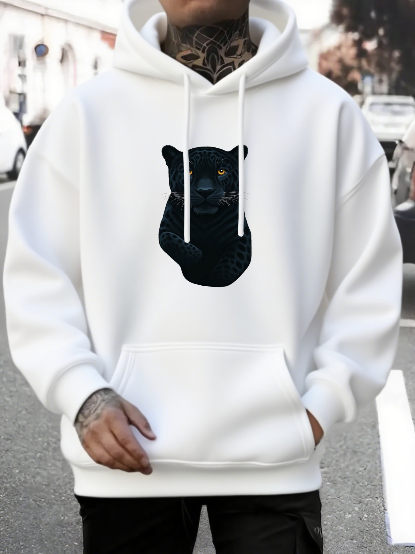 Men's Graphic Hoodie Minimalist Furry Texture In Shadow Among Urban Backdrop Bear