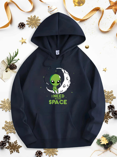 Men's Graphic Hoodie I Need Space Green Alien With Stars Crescent Moon And Outer Space Background