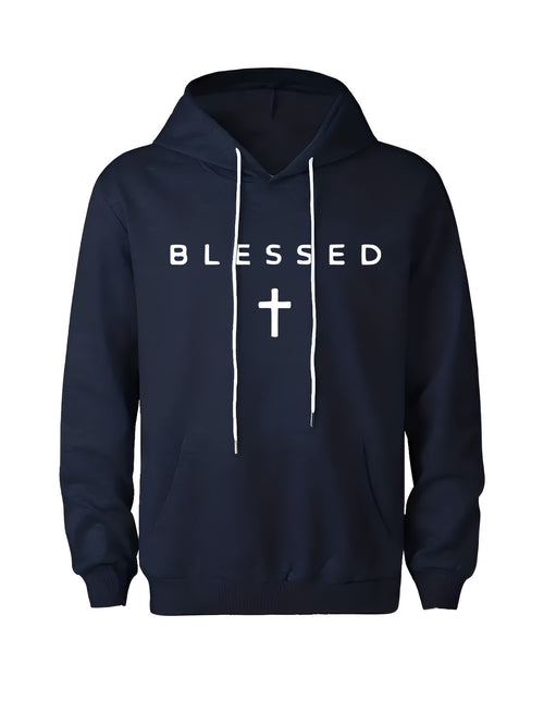 Men's Graphic Hoodie Blessed With Bold White Letters And Centered Religious Cross Symbol Hoodie