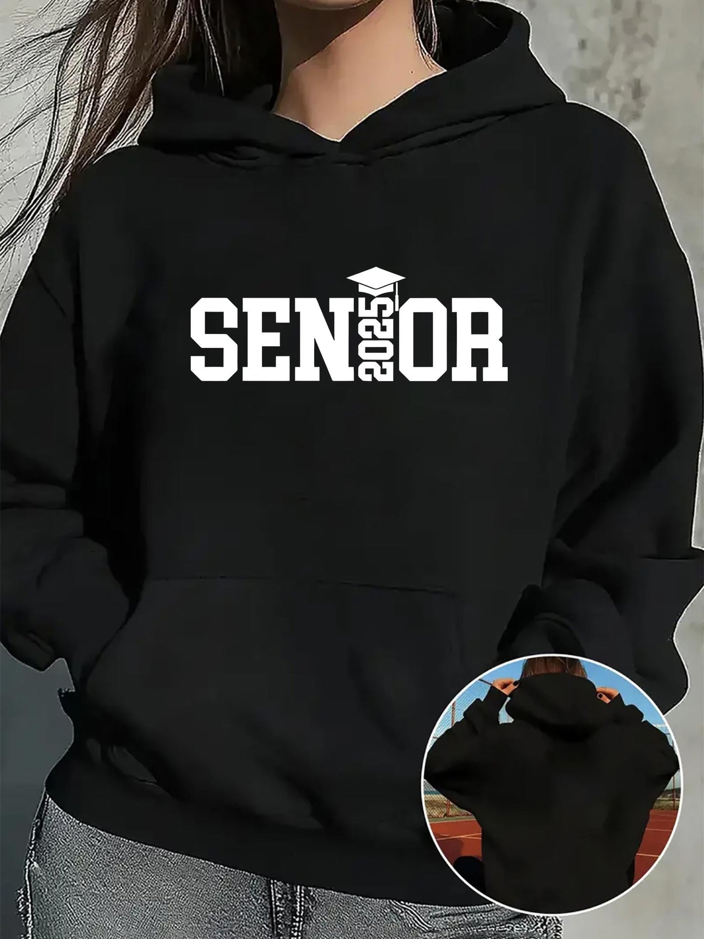 Women's Graphic Hoodie Senior 2025 Graphic With Graduation Cap On Classic Black Hoodie