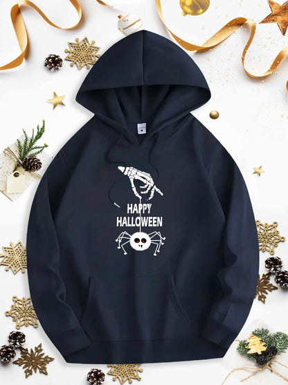 Men's Graphic Hoodie Happy Halloween Skeleton Hand With Webs And Smiling Skull