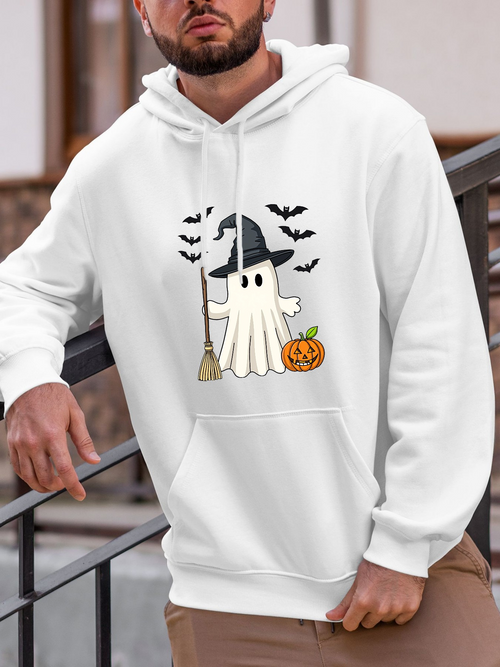 Men's Graphic Hoodie Halloween Night With Flying Bats Pumpkin And Witch Hat Ghost