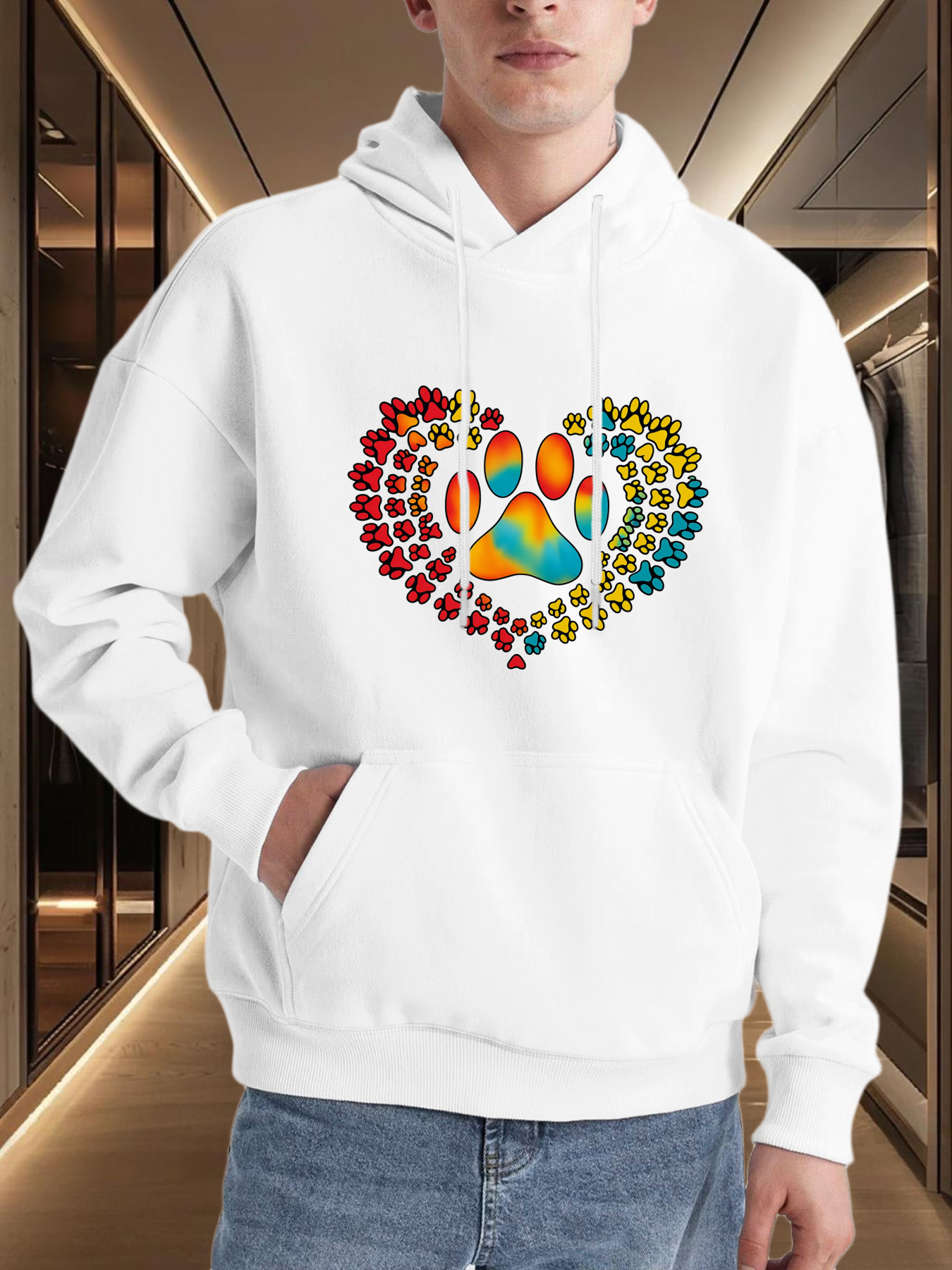 Men's Graphic Hoodie Radiant Rainbow Paw Print Within Colorful Heart Pattern