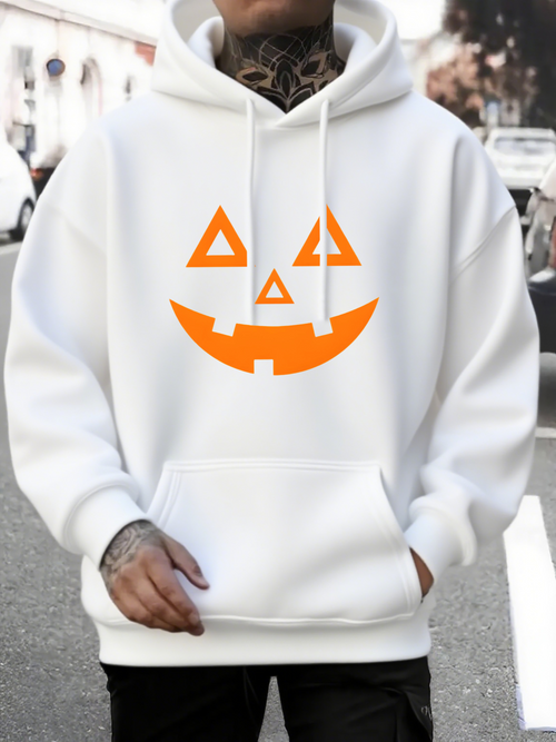 Men's Graphic Hoodie Playful Orange Geometric Halloween Faces On White Hoodie Pumpkin