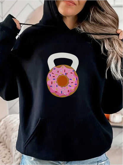 Women's Graphic Hoodie Pink Frosted Donut With Sprinkles Embellishing Sturdy Workout Kettlebell