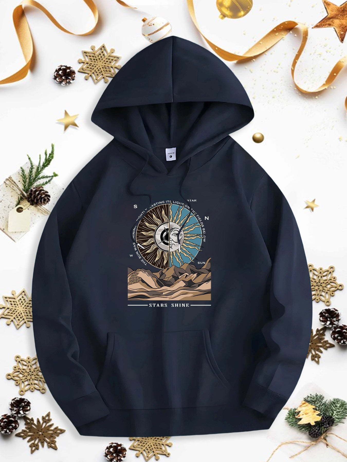 Men's Graphic Hoodie Celestial Mountain Landscape With Sun Moon Phases Radiating Under Night Sky