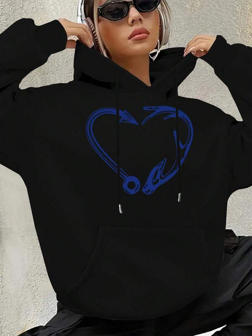 Women's Graphic Hoodie Electric Blue Neon Heart With Artistic Safety Pin Graphic Heart
