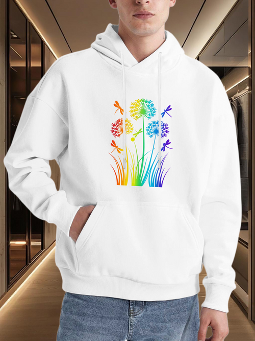 Men's Graphic Hoodie Colorful Dandelion Silhouette With Flying Butterflies Among Rainbow Grass Dandelion