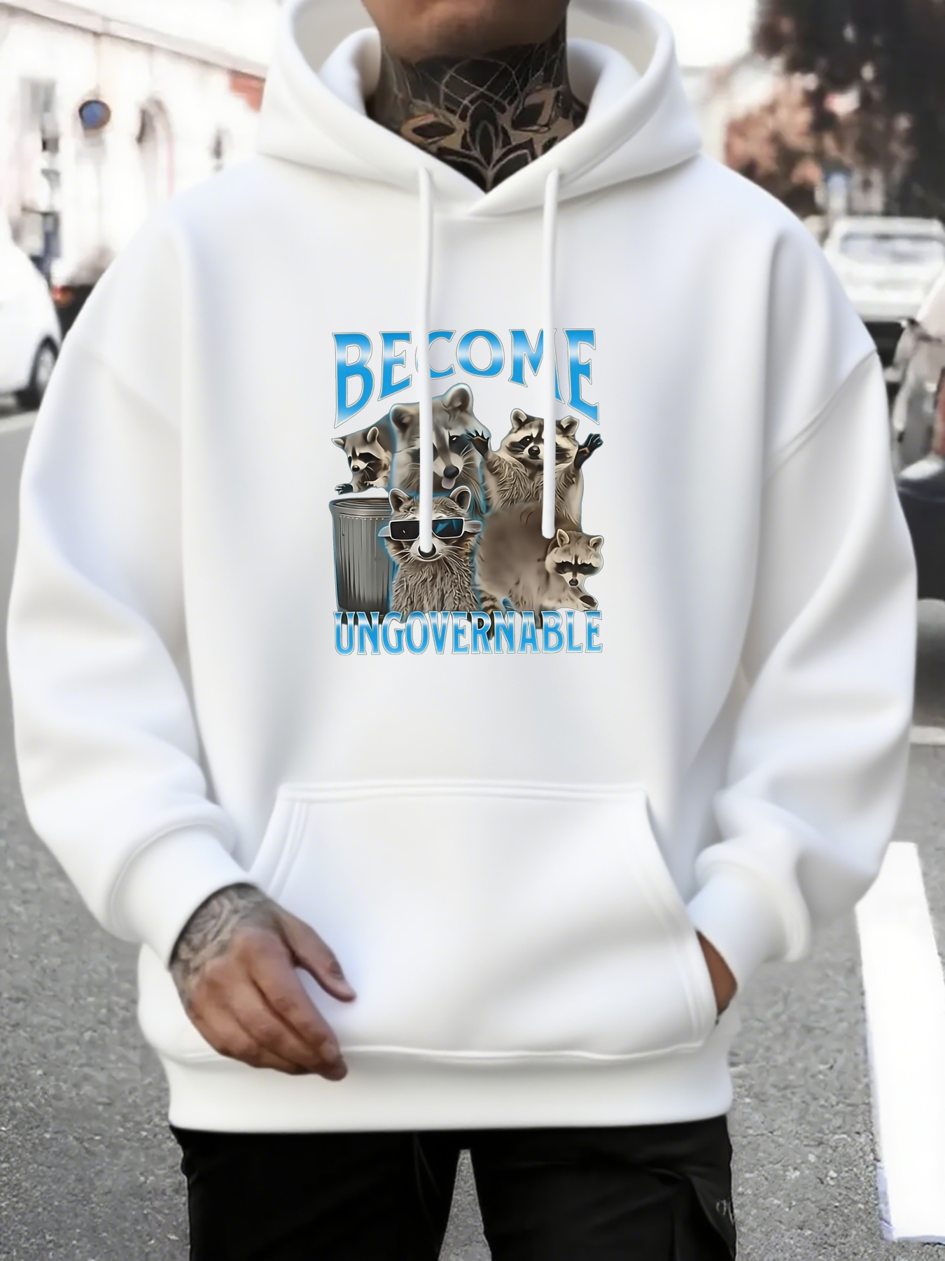 Men's Graphic Hoodie Become Ungovernable Playful Raccoons Among Trash Cans And Urban Street