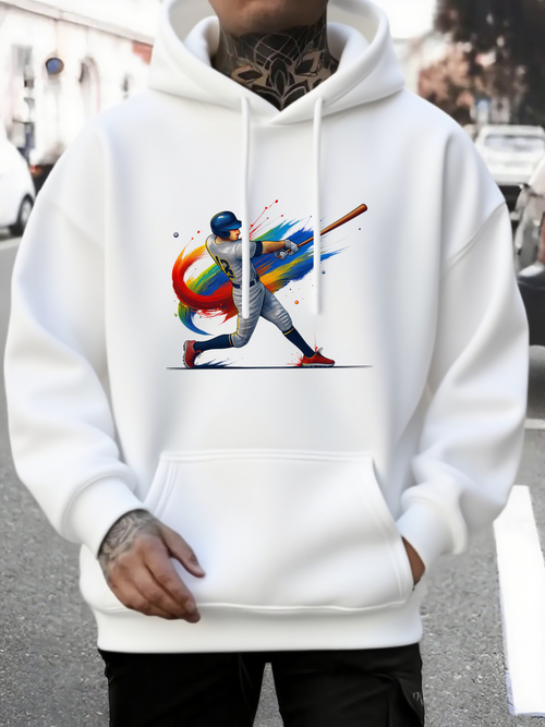 Men's Graphic Hoodie Colorful Paint Splash Behind Dynamic Swinging Baseball Player