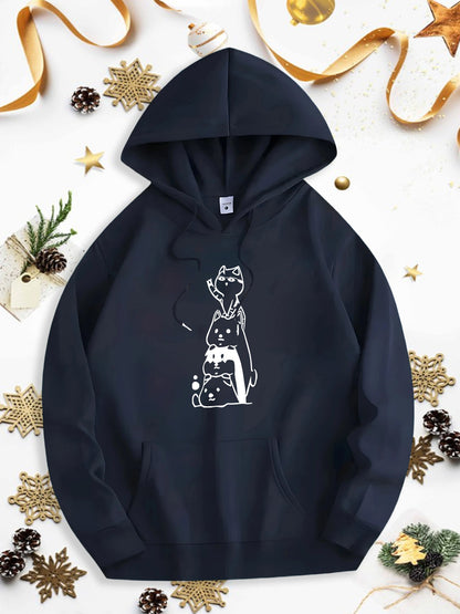 Men's Graphic Hoodie Minimalist White Line Drawing With Playful Cat Sitting On Hoodie