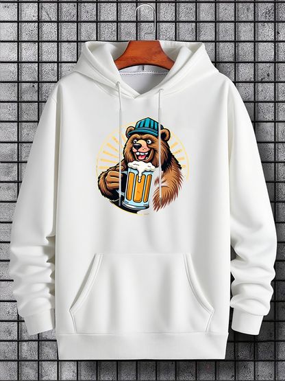 Men's Graphic Hoodie Smiling Bear With Blue Hat Holding Foaming Beer Mug