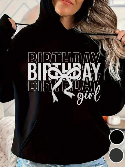 Women's Graphic Hoodie Birthday Girl With Bold White Ribbon Pattern Overlapping Letters