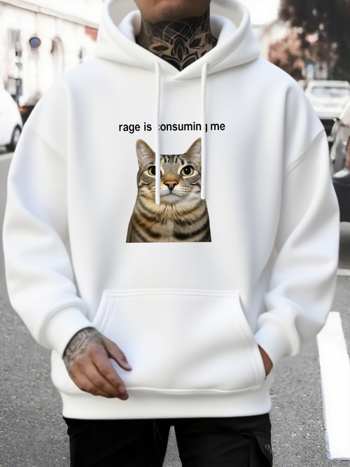 Men's Graphic Hoodie Rage Is Consuming Me Moody Urban Street Cat Portrait