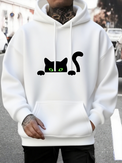 Men's Graphic Hoodie Playful Black Cat With Green Eyes Peeking Over White Hoodie