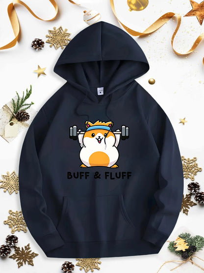 Men's Graphic Hoodie Buff And Fluff Cute Hamster Lifting Dumbbells Wearing Headband Hoodie