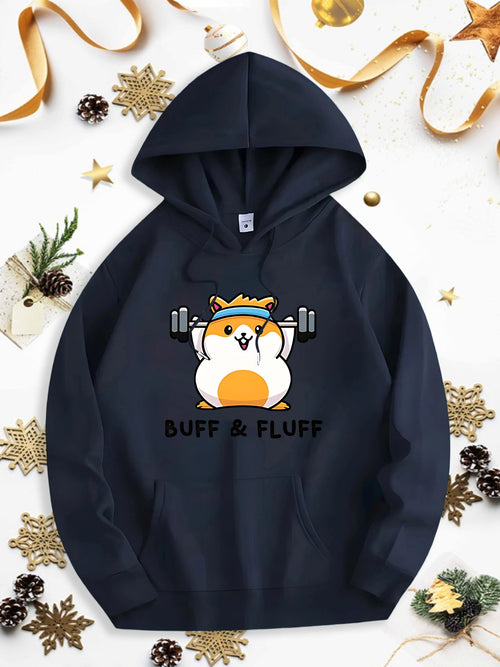 Men's Graphic Hoodie Buff And Fluff Cute Hamster Lifting Dumbbells Wearing Headband Hoodie