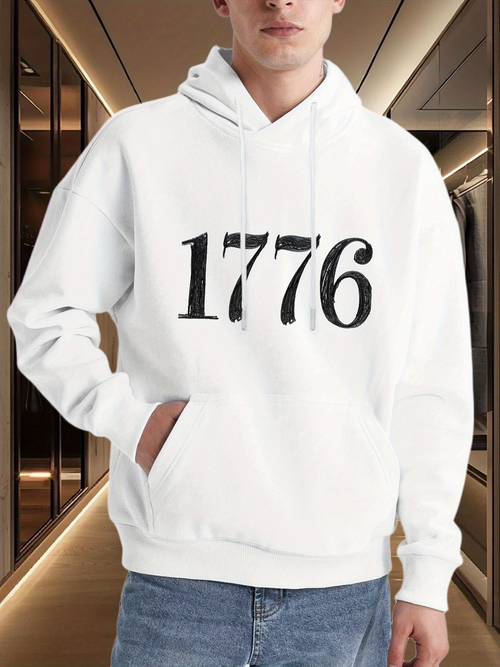 Men's Graphic Hoodie Distressed Black Typography Year Among Minimalist White Hoodie