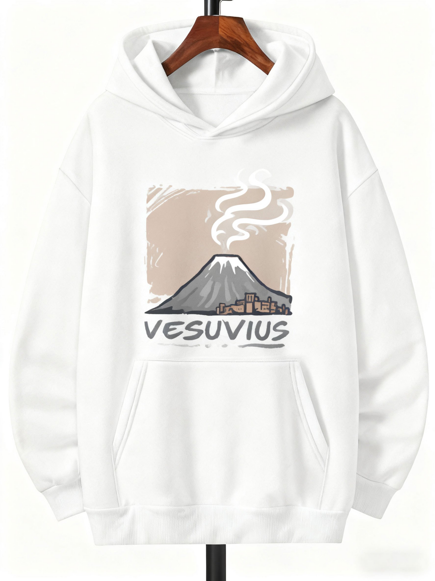 Men's Graphic Hoodie Vesuvuis With Smoking Volcano And Soft Clouds Over Peaceful Town