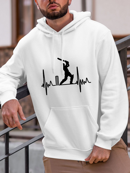 Men's Graphic Hoodie Heartbeat Line With Cricketer Silhouette Playing Batting Cricket