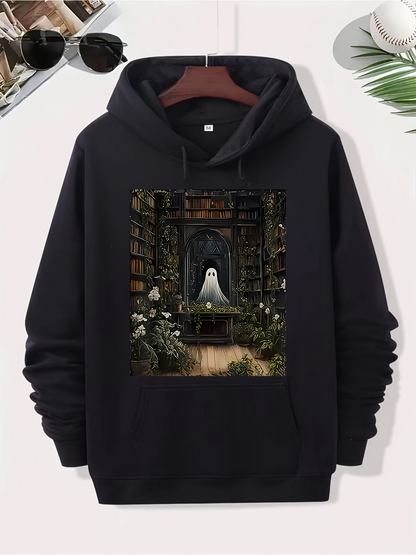 Men's Graphic Hoodie Spooky Library With Flowers Among Ancient Books Ghost