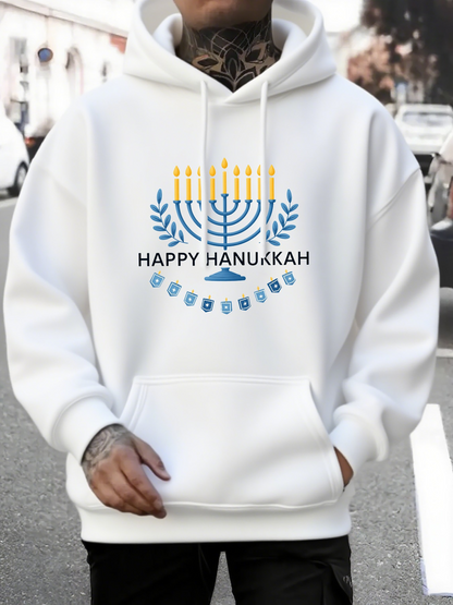 Men's Graphic Hoodie Happy Hanukkah Blue Leaves Gold Candles Among Menorah Celebration Festival