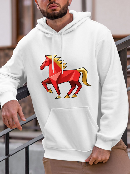 Men's Graphic Hoodie Geometric Origami Inspired Red Gold Horse Standing Among Patterns Horse